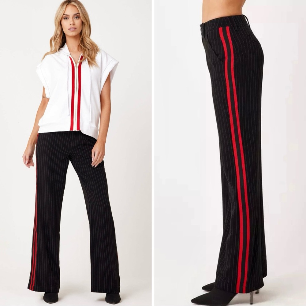 NEW SIWY Pinstripe Wide Leg‎ Flare Trouser Pants Size 24 Black Red Side Stripe